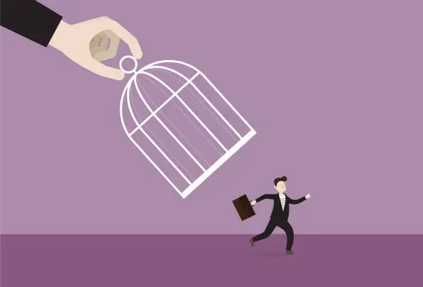 Vector illustration of The businessman runs away from a cage
