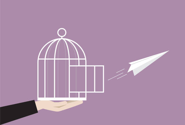 ilustrações de stock, clip art, desenhos animados e ícones de businessman releases a paper airplane from a cage - colored background aspirations success achievement