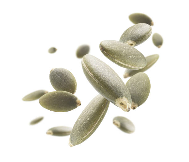 istock Peeled pumpkin seeds levitate on a white background 1294245052