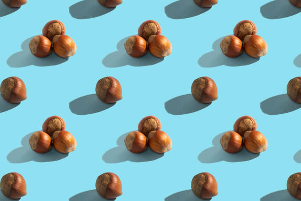 Hazelnuts on a blue background, seamless pattern, hard shadows. Healthy vegetarian food, background for design.