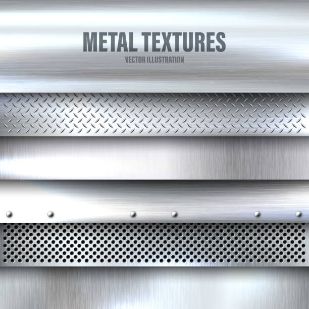 realistyczny zestaw szczotkowanych metalowych tekstur. polerowane tło ze stali nierdzewnej. ilustracja wektorowa - brushed aluminum steel backgrounds stock illustrations