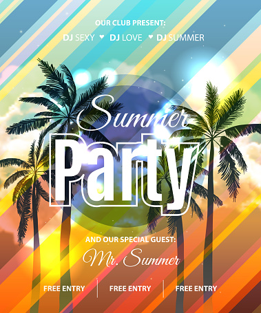 Summer Beach Party Flyer with tropical palm backgound. Vector Design EPS 10.
