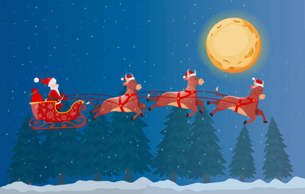 istock Santa on Sleigh and His flying three bulls on Winter forest night Background 1294246822