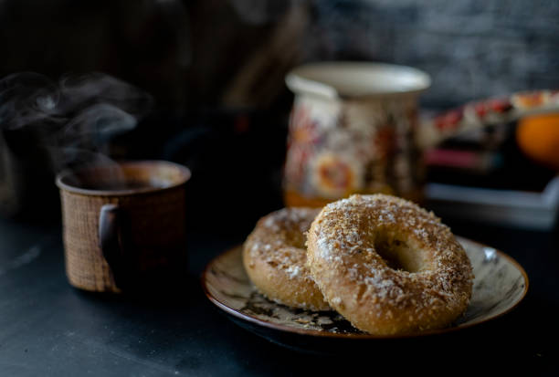 homemade wholegrain bagel and coffee