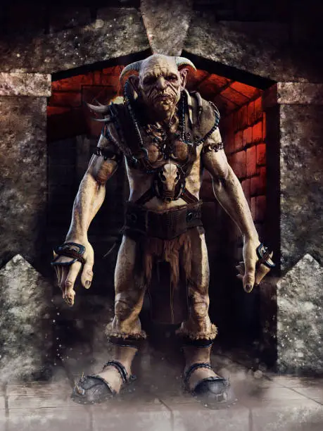 Fantasy goblin warrior wearing armor, standing in front of an entrance to a narrow corridor. 3D render.