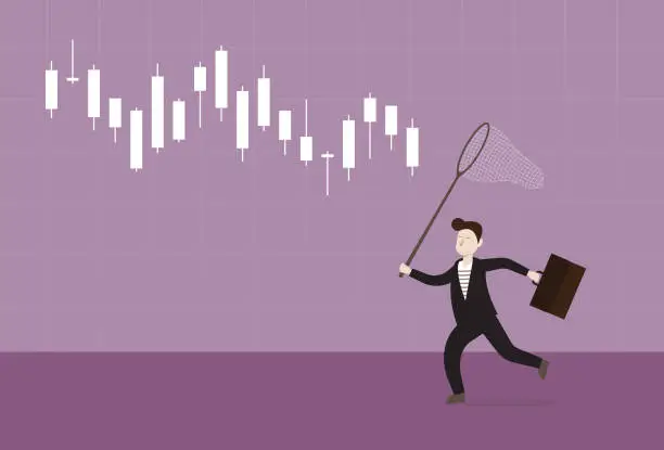 Vector illustration of Businessman uses a butterfly net to catch stock market graph