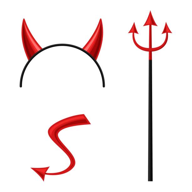 istock Devils horns head gear, trident and tail isolated on white background. Demon costume, halloween mask, party time, devil wears. Vector illustration 1294255356