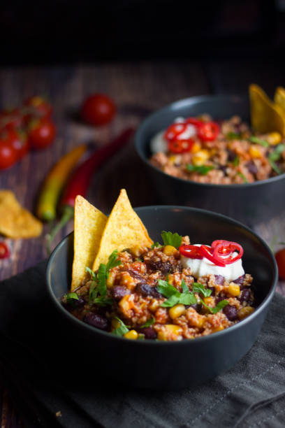 Mexican Chili con carne vegetarian Chili sin carne with soja minced meat chili con carne photos stock pictures, royalty-free photos & images
