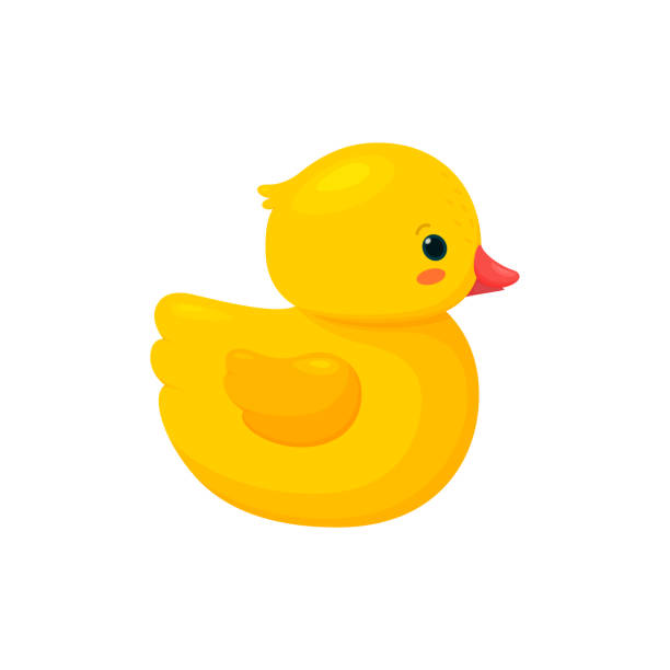 резиновая утка изолирована на белом фоне. вид сбоку желтой пластиковой утиной игрушки. иллюстрация вектора - rubber duck stock illustrations