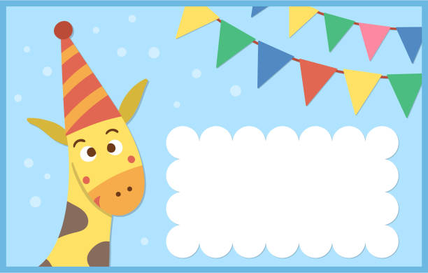 Birthday party template with cute animal. Anniversary greeting and placement card or invitation with giraffe and flags on blue background. Bright pre-made holiday event design for kids. Birthday party template with cute animal. Anniversary greeting and placement card or invitation with giraffe and flags on blue background. Bright pre-made holiday event design for kids. 3610 stock illustrations