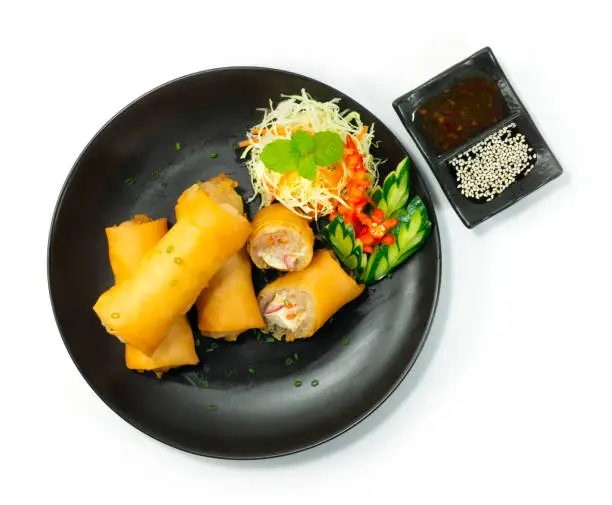 Spring Rolls Deep fried Appetizer dish Asianfood decorate carved Vegetables Style topview