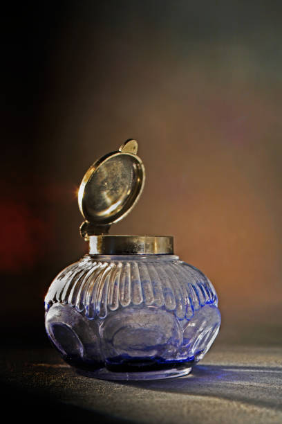 28 Oct 2005 Vintage Glass Inkwell Brass Hinged Lid Ink Pot studio shot Lokgram Kalyan India