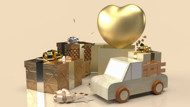 バレンタインデーコンテンツ3dレンダリングのための金のハートとギフトボックス - gift greeting card birthday card red ストックフォトと画像