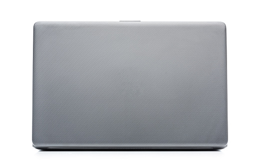 Modern laptop with empty screen isolated on white background. Rear view