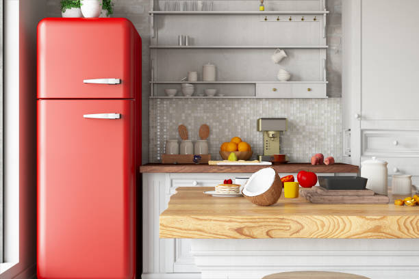istock Kitchen Counter with Foods and Red Fridge 1294262079