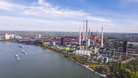 Aerial image of  Kyger Creek coal fired power plant in Gallia County, Ohio on an overcast day in Fall.