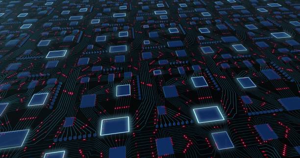 Abstract futuristic motherboard schematic with pulsating neon lights. Conceptual sci-fi animation. 3D rendering