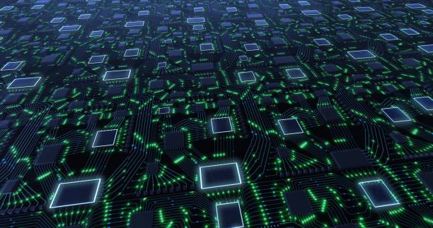 istock Abstract technology concept with moving lights and imitation of a printed circuit board on a green background. Internet technologies for business. 3D rendering 1294263920