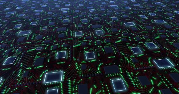 istock Abstract futuristic motherboard schematic with pulsating neon lights. Conceptual sci-fi animation. 3D rendering 1294263930