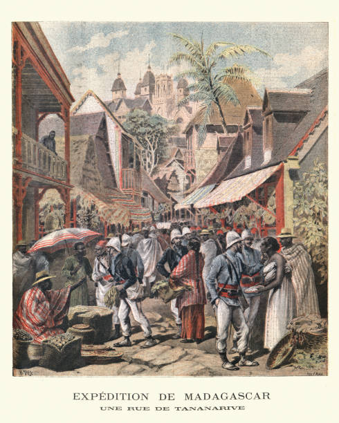 francuscy żołnierze kolonialni na rue de tananarive, antananarivo, madagaskar, 1895 - madagascan stock illustrations
