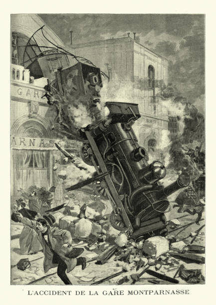 Victorian train crash, Montparnasse derailment, France, 1895 Vintage illustration of the Montparnasse derailment occurred at 16:00 on 22 October 1895 when the Granville–Paris Express overran the buffer stop at its Gare Montparnasse terminus. After running through the buffer stop, the train crossed the station concourse and crashed through the station wall; the locomotive fell onto the Place de Rennes below, where it stood on its nose. derail stock illustrations