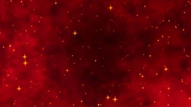 Red pattern with golden confetti, stars and red hearts. For St. Valentines Day, Wedding invitation e-card. 3D rendering 3D illustration