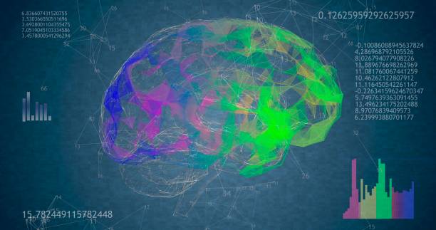 istock Rotating 360 low polygonal brain 3D model on blue background with animated numbers and diagrams 1294265387
