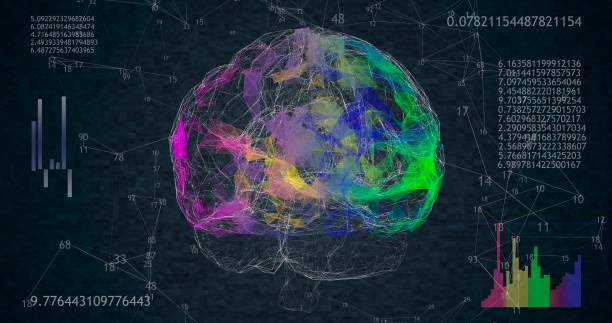 istock Rotating 360 low polygonal brain 3D model on black background with animated numbers and diagrams 1294265391