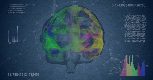 istock Rotating 360 low polygonal brain 3D model on blue background with animated numbers and diagrams 1294265405