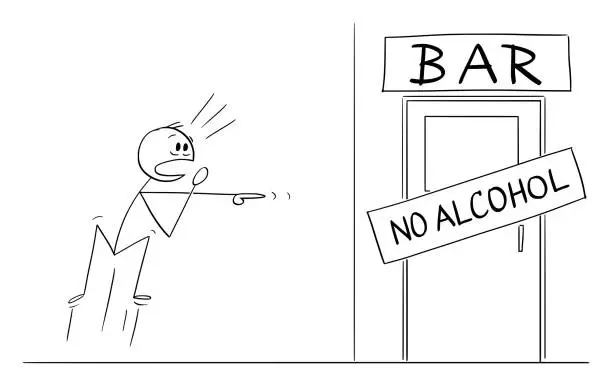 Vector illustration of Vector Cartoon Illustration of Shocked Man Who Jut Found That His Bar or Pub Is Out of Alcohol. Concept of Alcohol Addiction.