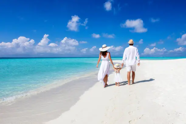 Photo of A beautiful family walks together on a tropical paradise beach in the Maldives