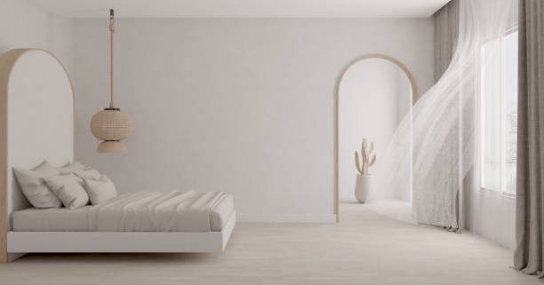 istock White bedroom with curtain blowing.3d rendering 1294276457