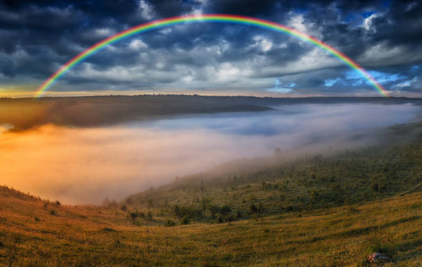 istock Beautiful landscape with a rainbow in the sky 1294277236