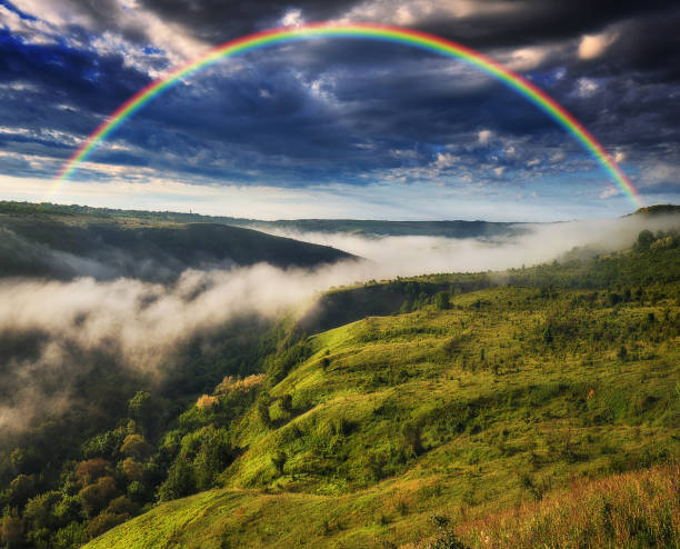 istock Beautiful landscape with a rainbow in the sky 1294277447