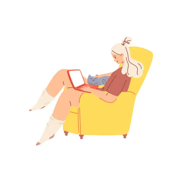 Vector illustration of Cute plump girl in a yellow chair with a laptop. A young woman in warm socks has settled down comfortably in a comfortable chair with a pet. The blonde works from home. Vector stock illustration.