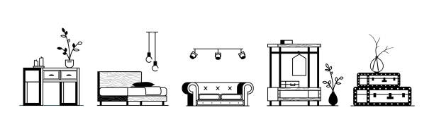 kolekcja elementów wnętrza. czarny na białym minimalistycznym meblu z przodu zaaranżowany w rzędzie. wektorowa ilustracja stockowa izolowana na białym tle. - chandelier residential structure living room sofa stock illustrations