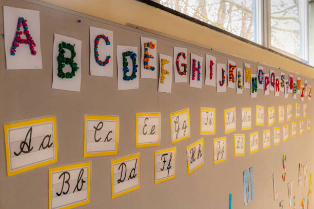 istock Colored letters in block and cursive on the wall of a primary school 1294282888