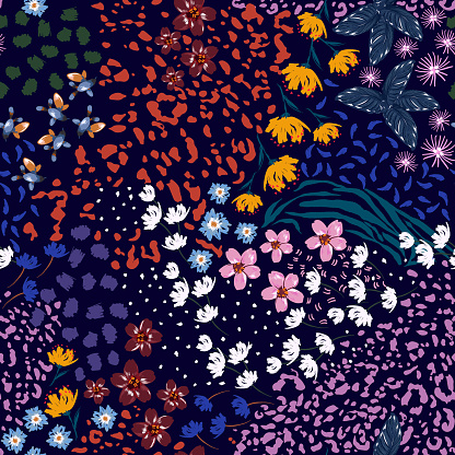 Colourful small liberty blooming garden flower mix with leoprad safari animal skin seamless pattern,vector EPS10 ,Design for fashion , fabric, textile, wallpaper, cover, web , wrapping and all prints