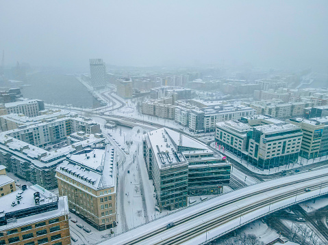 Aerial view of Snowstorm in helsinki city of  Finland.