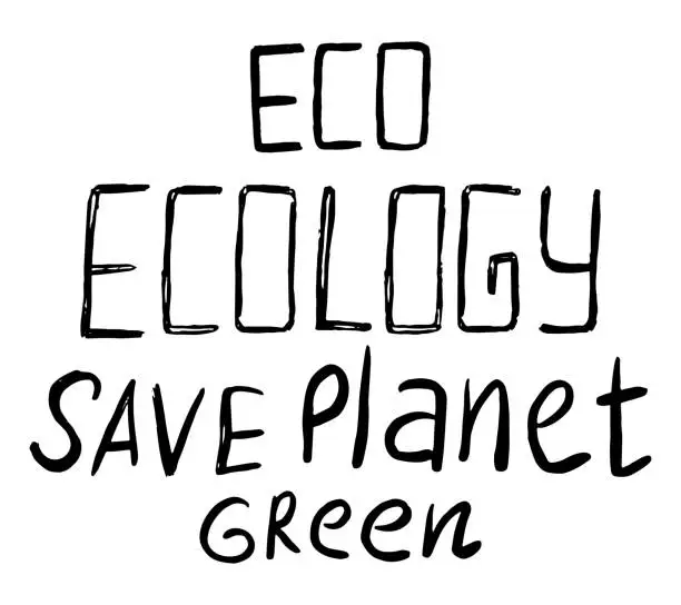 Vector illustration of Set of inscriptions on the ecological theme. Eco, ecology, save planet, green. Hand written vector lettering. Black sketch drawing isolated on white. Doodles element for design, print, poster, banner.