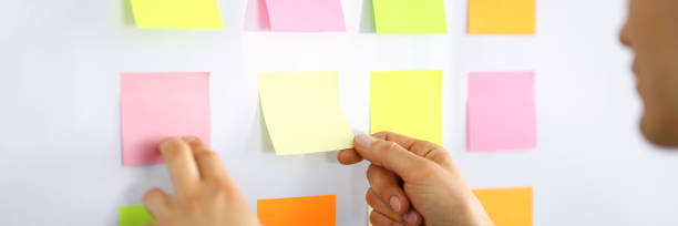 istock Male manager glues small notes on the wall 1294287580
