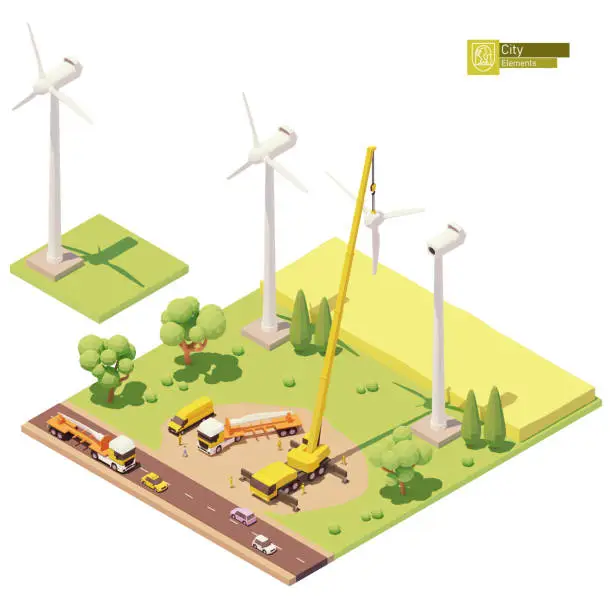 Vector illustration of Vector low poly wind turbines farm construction