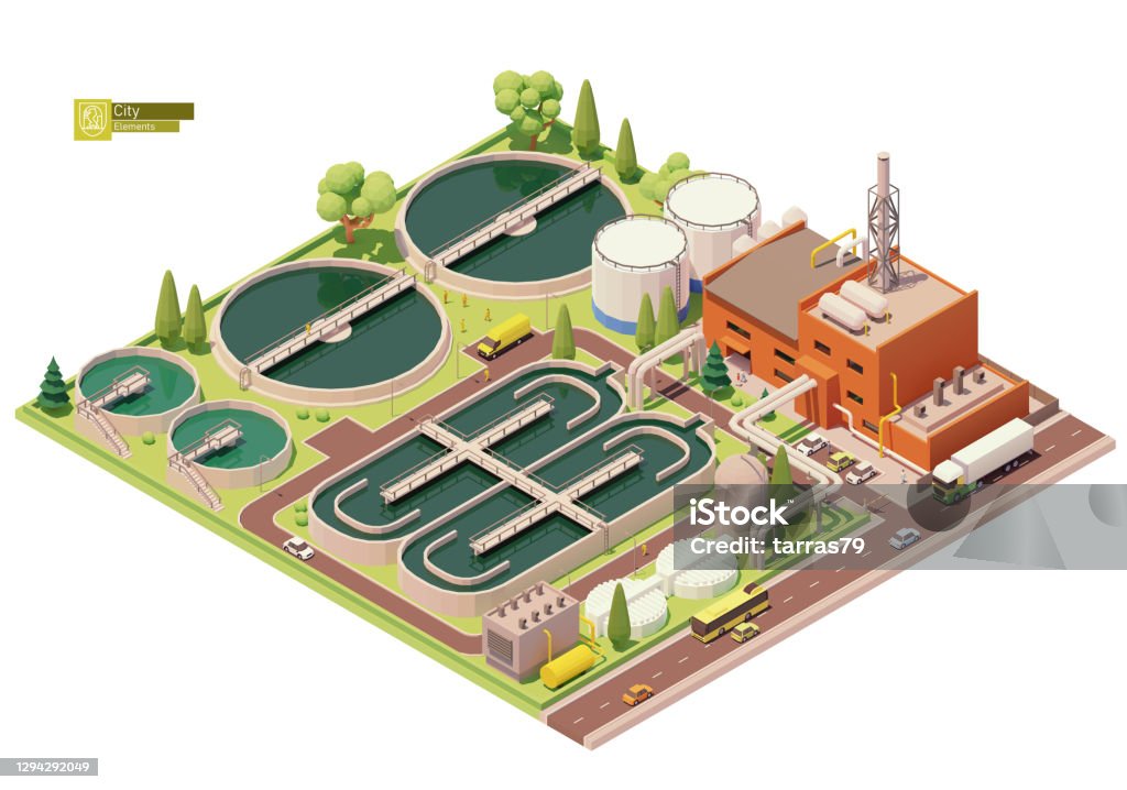 Vector low poly water treatment plant Vector low poly water or sewage treatment plant infrastructure. Water or wastewater cleaning plant. Basins for sewerage water aeration. Biological treatment plant Sewage Treatment Plant stock vector