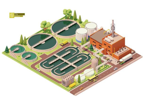 Vector low poly water treatment plant Vector low poly water or sewage treatment plant infrastructure. Water or wastewater cleaning plant. Basins for sewerage water aeration. Biological treatment plant sewage stock illustrations