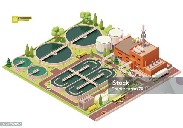Vector Low Poly Water Treatment Plant Stock Illustration - Download Image Now - Sewage Treatment Plant, Isometric Projection, Sewage