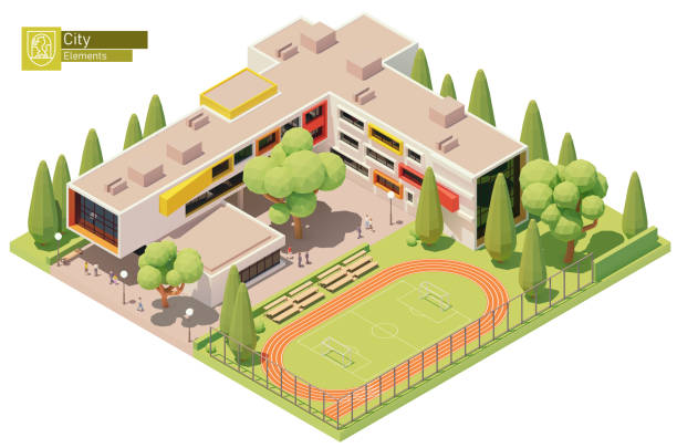 Vector isometric school building Vector isometric small modern school building with schoolyard and stadium. Educational building exterior. Isometric city map elements recess soccer stock illustrations