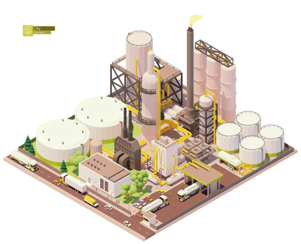 ilustraciones, imágenes clip art, dibujos animados e iconos de stock de planta de refinería de petróleo isométrico vectorial - distillation tower