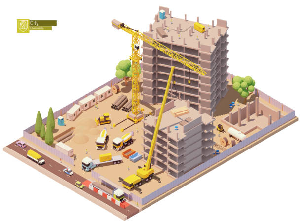 векторная изометрическая строительная площадка - built structure construction three dimensional shape building activity stock illustrations