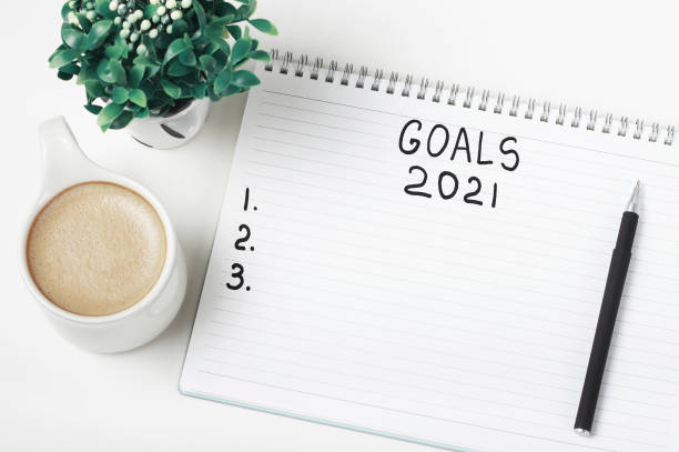 istock Notepad with inscription goals 2021 and cup of coffee on white background. 1294292389