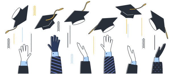 ilustrações de stock, clip art, desenhos animados e ícones de graduation 2021 caps confetti. flying students hats with golden ribbons isolated. university, college school education vector. illustration in flat cartoon style - wisdom university single word student